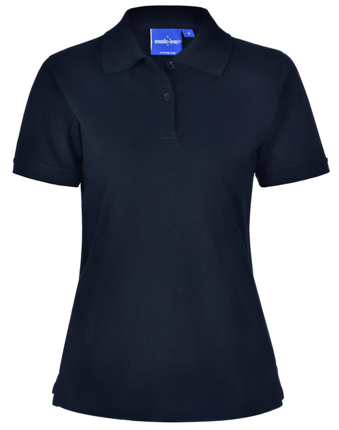 A black ladies' polo shirt with a classic collar and short sleeves, featuring a branded label.