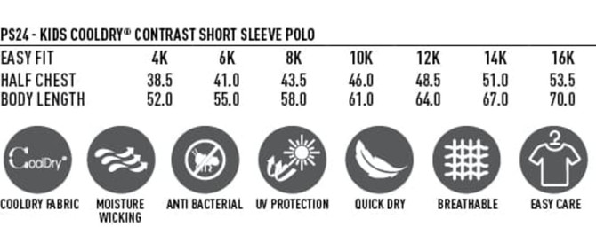 A chart detailing sizes and features for a Kid's Champion Polo, including measurements for various sizes and product attributes.