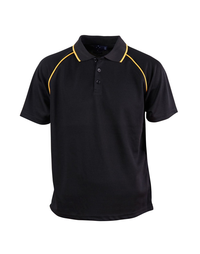 A black children's polo shirt with yellow piping and a collar, featuring buttons and a logo.