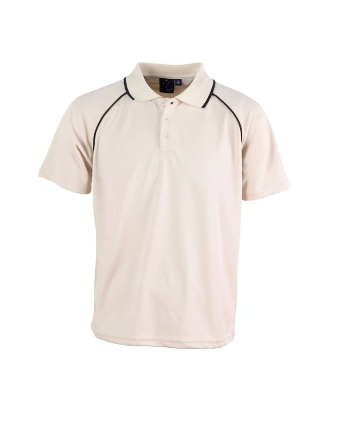 A light beige polo shirt with black piping, featuring a collar and buttons, has a logo on the front.