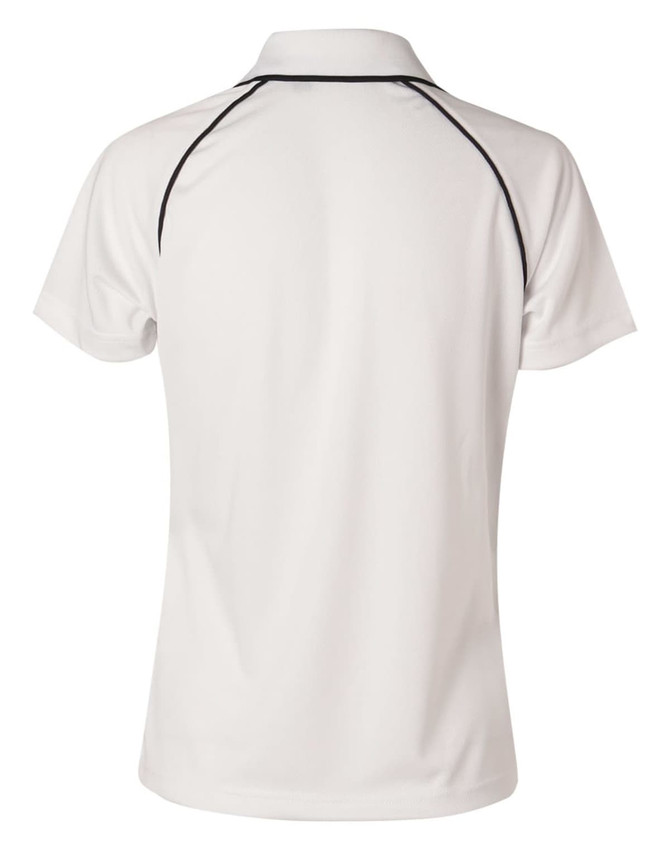 A white polo shirt with black piping, featuring a collar and short sleeves. It has a branding logo on the back.