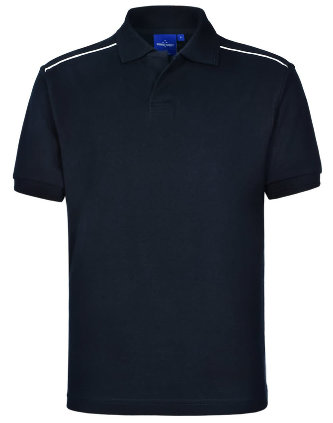 A navy blue polo shirt featuring a classic collar and white piping on the shoulders. Includes branding on the tag.
