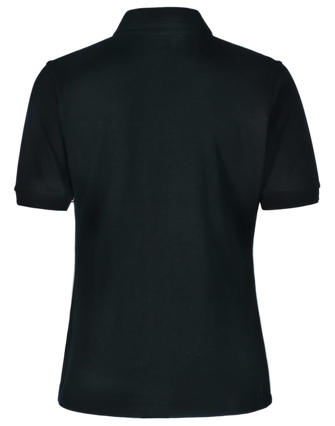 A black polo shirt featuring a collar and short sleeves, with a logo on the back.