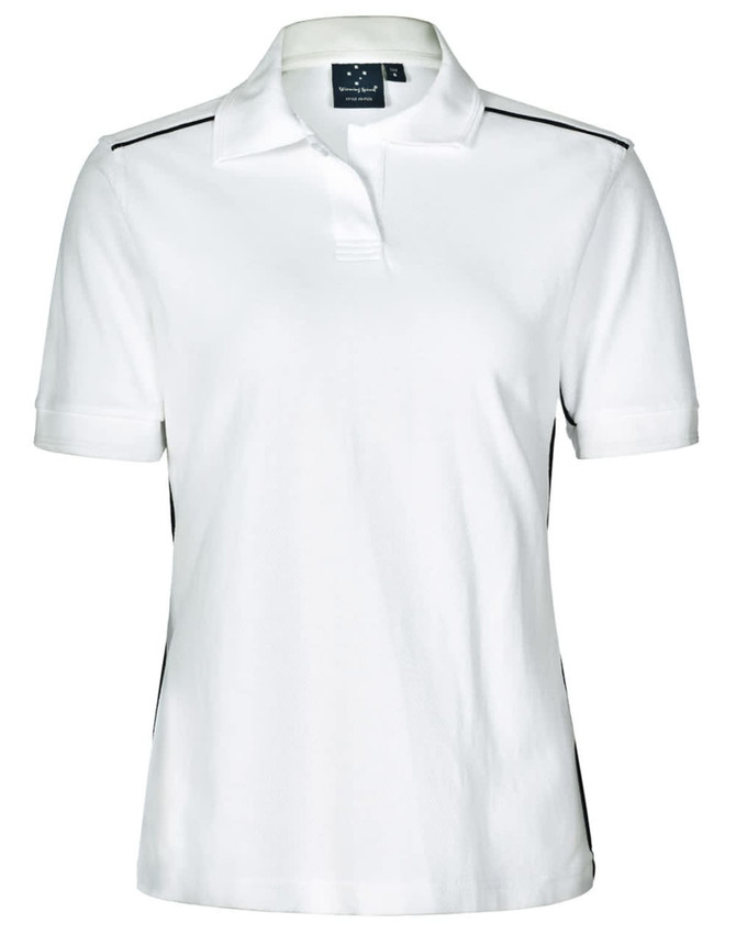A white ladies' polo shirt featuring a collar, short sleeves, and side panel detail. Includes a logo on the front.