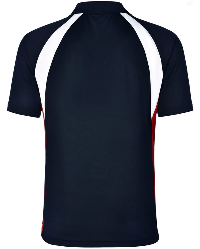 A men's tri sport polo featuring a navy base with white and red accents. It has a logo on the chest area.