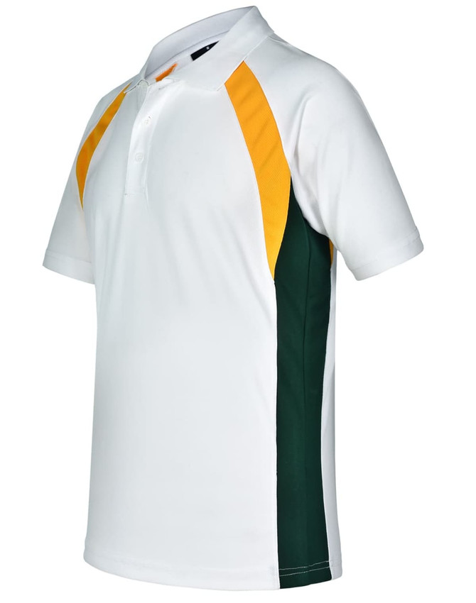 A white polo shirt with green and yellow accents, featuring a logo on the chest.