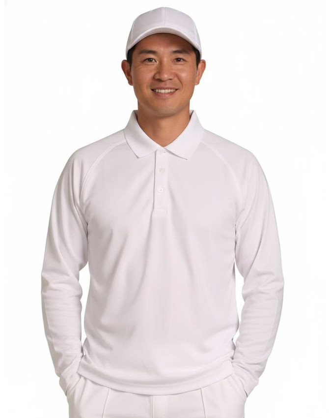 A long-sleeved white cricket polo shirt displayed on a smiling man wearing a matching white cap.