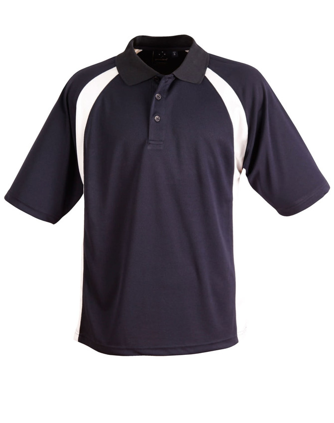 A navy blue polo shirt with white side panels, featuring a collar and three buttons. It has a logo on the chest.