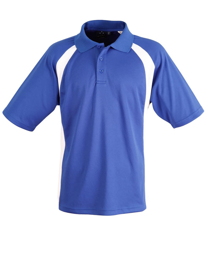 Men's polo shirt in blue with white side panels, featuring a collar, short sleeves, and a logo.