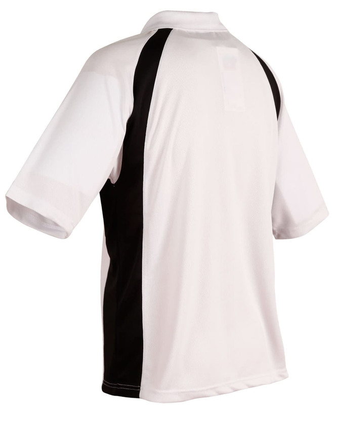 A men's polo shirt featuring a white body with black accents and a logo on the back.