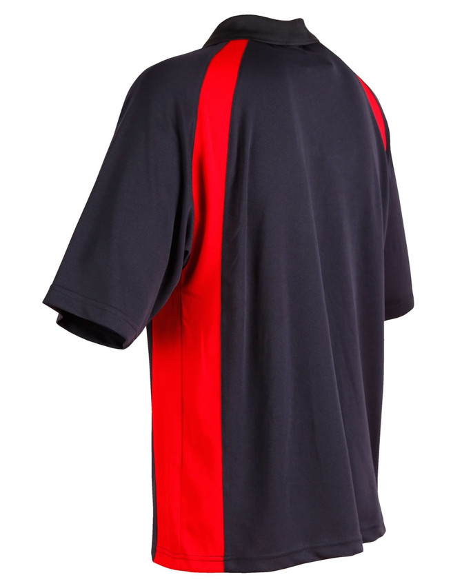A black polo shirt with red side panels and a collar, featuring a logo on the front.