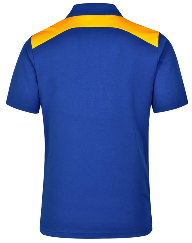 A blue polo shirt featuring an orange-coloured panel across the shoulders, with a logo on the chest.