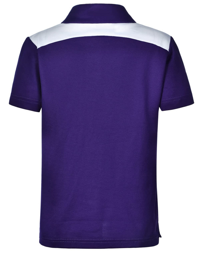 A purple polo shirt featuring a white stripe on the back and a logo on the side.