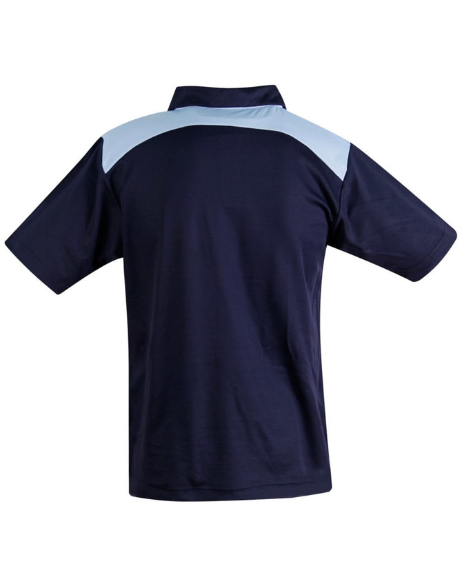 A navy blue polo shirt with a light blue upper back and a collar. It features a logo on the front.