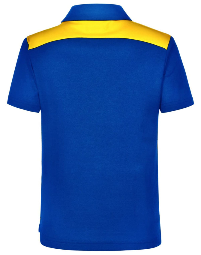 A blue polo shirt with a yellow collar and back section, featuring a logo on the side.