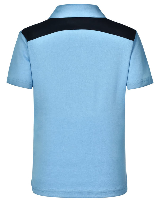 Light blue children's polo shirt with a black shoulder panel and a logo on the back.