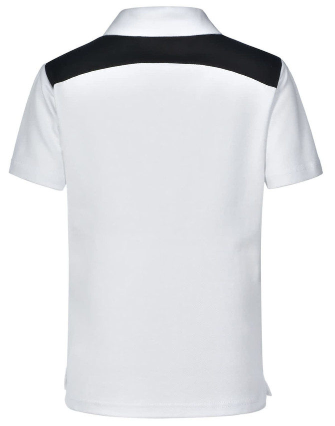 A children's polo shirt in white with a black back panel and a logo.