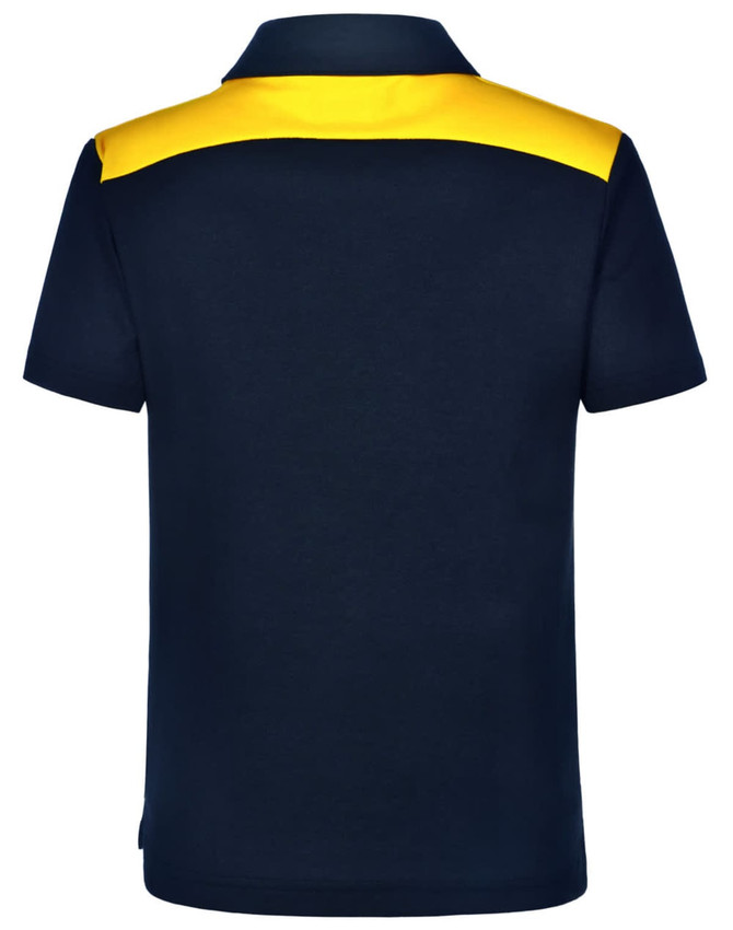 A navy blue polo shirt featuring a yellow accent on the back. It has a collar and short sleeves, with a logo.