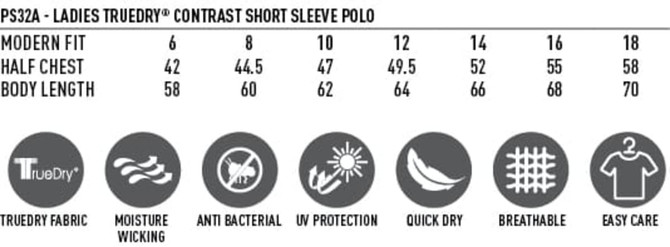 A women's polo shirt in various sizes with contrast sleeves, featuring a logo and made from breathable, quick-dry fabric.