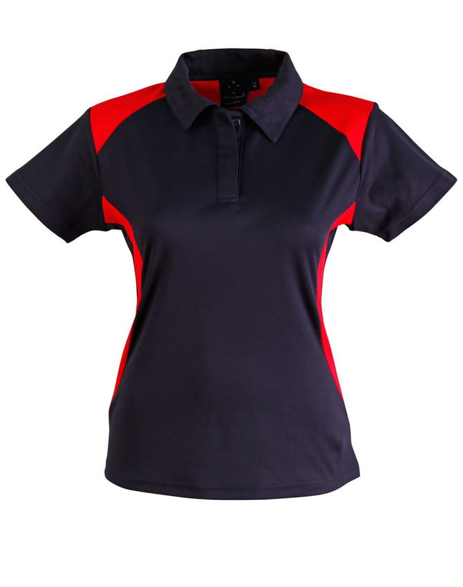 A ladies' polo shirt in navy with red accents, featuring a classic collar and a logo on the chest.