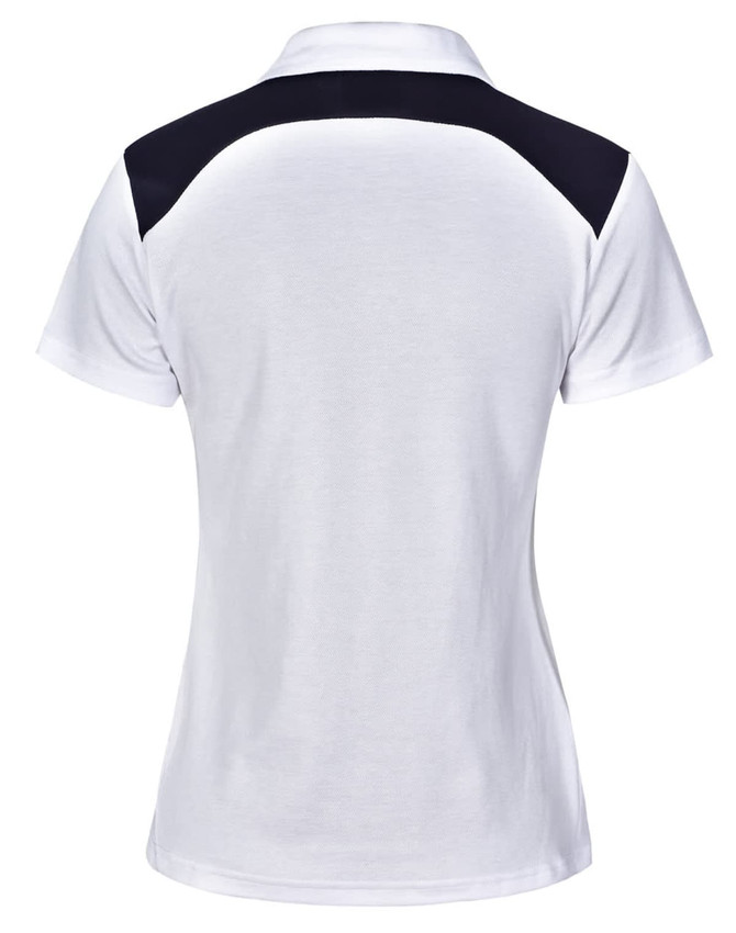 A white ladies' polo shirt featuring a black back panel and a collar, with a logo on it.