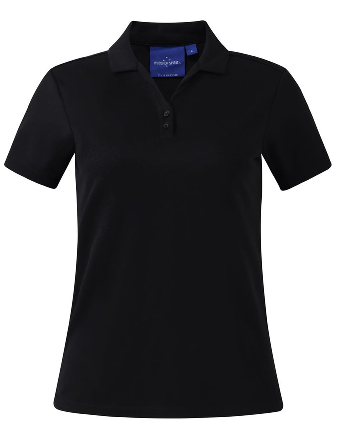 A black short sleeve polo shirt with a collar and button detailing, featuring a logo on the chest.