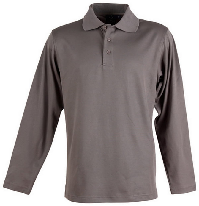 A long sleeve polo shirt in a muted grey colour, featuring a collar and button placket. It has a logo on the chest.