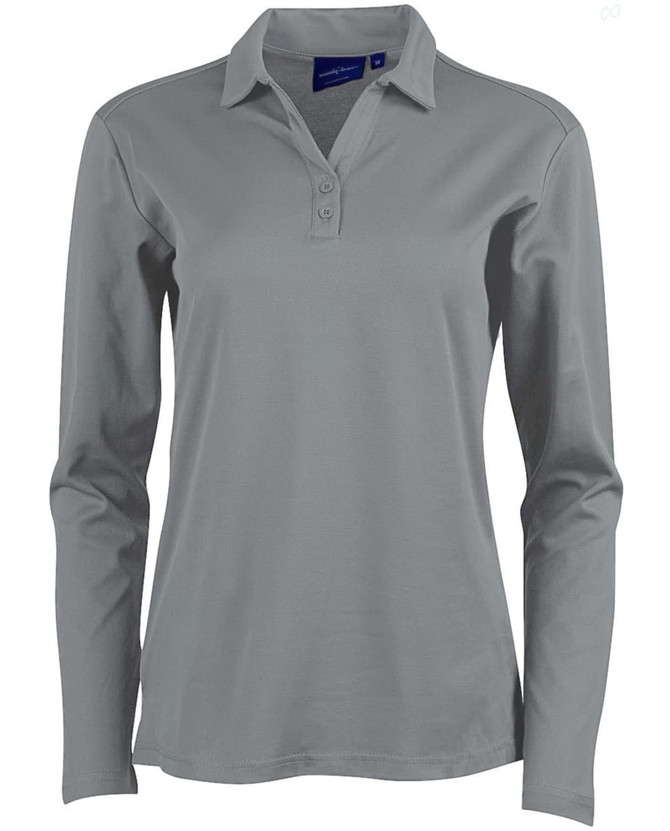 A long sleeve polo shirt in grey, featuring a collar and three buttons, with branding on the neckline.