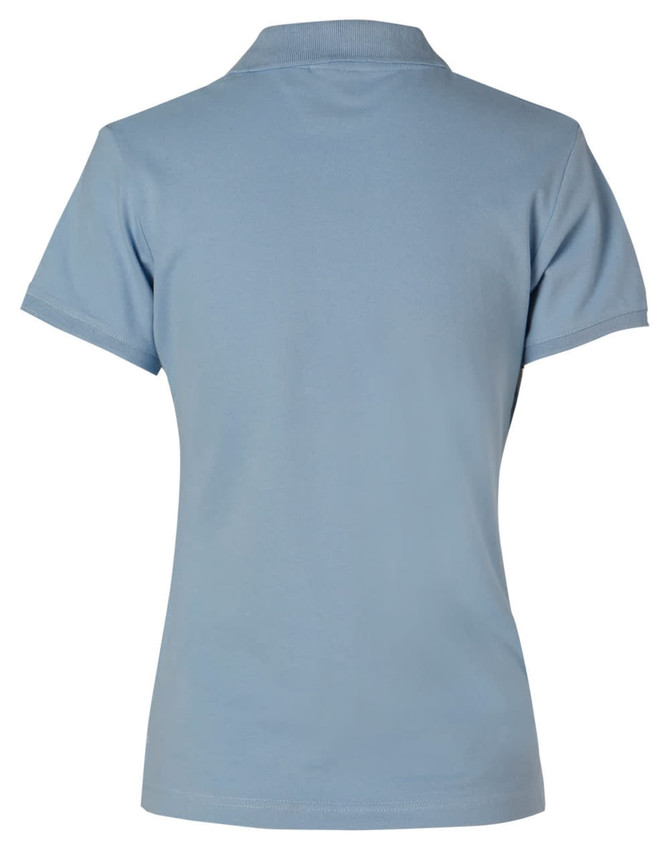 A light blue polo shirt with a classic collar and short sleeves, featuring branding on the back.