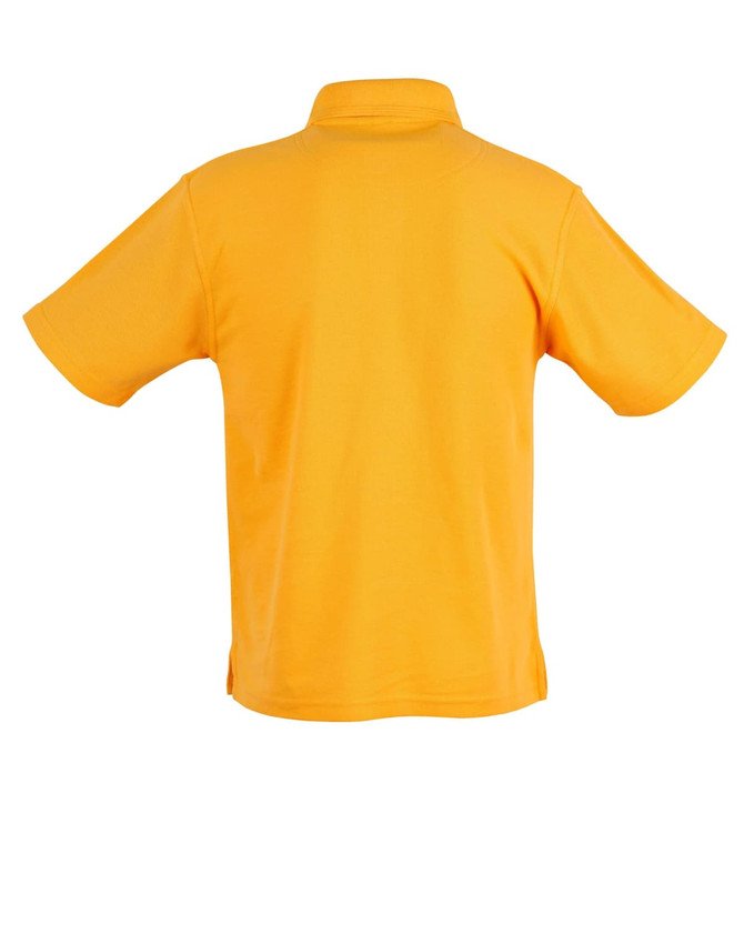 A back view of a short sleeve polo shirt in vibrant yellow, featuring a collar and a logo.