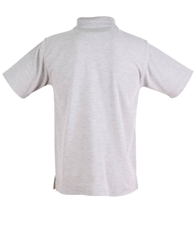 A grey short sleeve polo shirt featuring a collar and a logo on the side.
