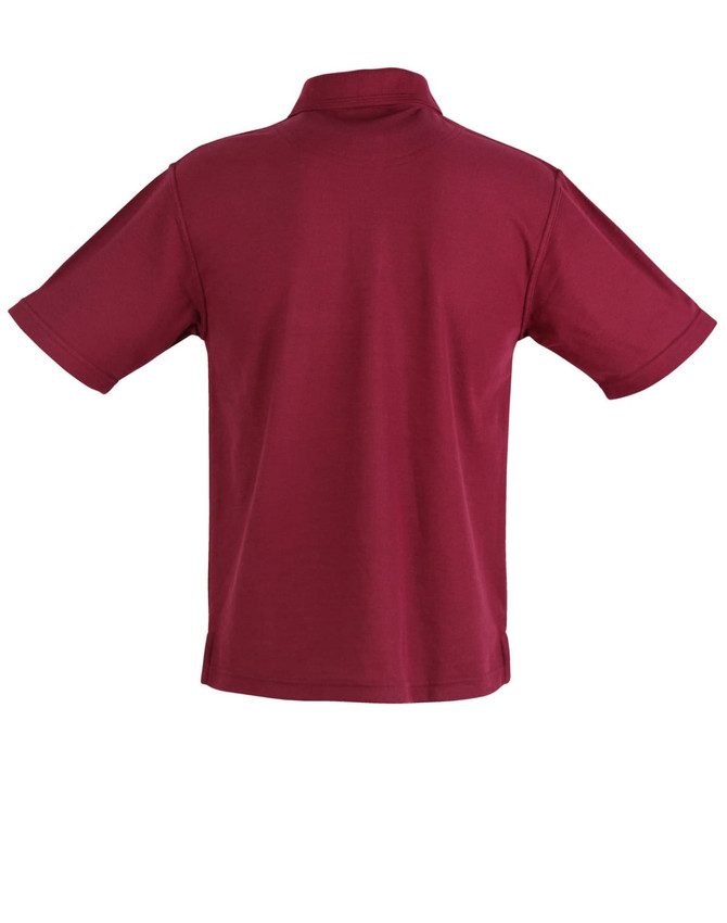 A burgundy short sleeve polo shirt with a back view and a logo on the fabric.