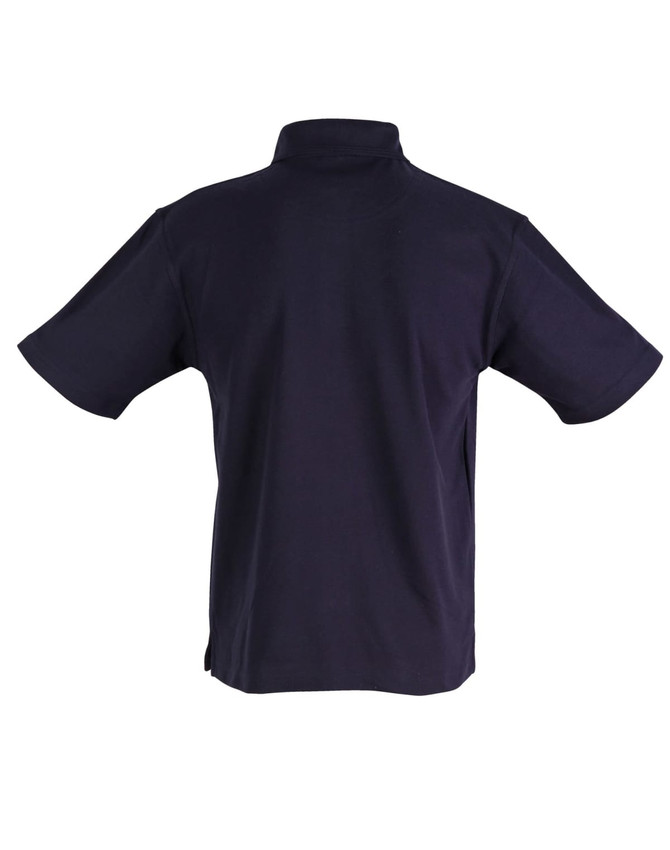 A navy blue pocket short sleeve polo shirt with a back view and a logo.