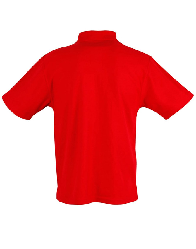 A red short sleeve polo shirt with a collar, featuring a pocket and a logo.