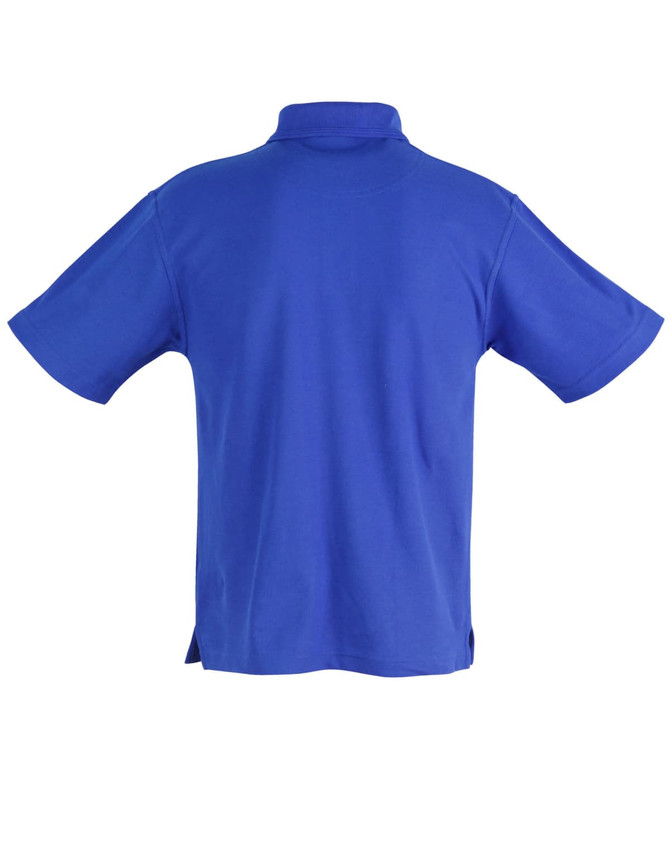 A blue short sleeve polo shirt with a back view, featuring a collar and side slits. It also has a logo.