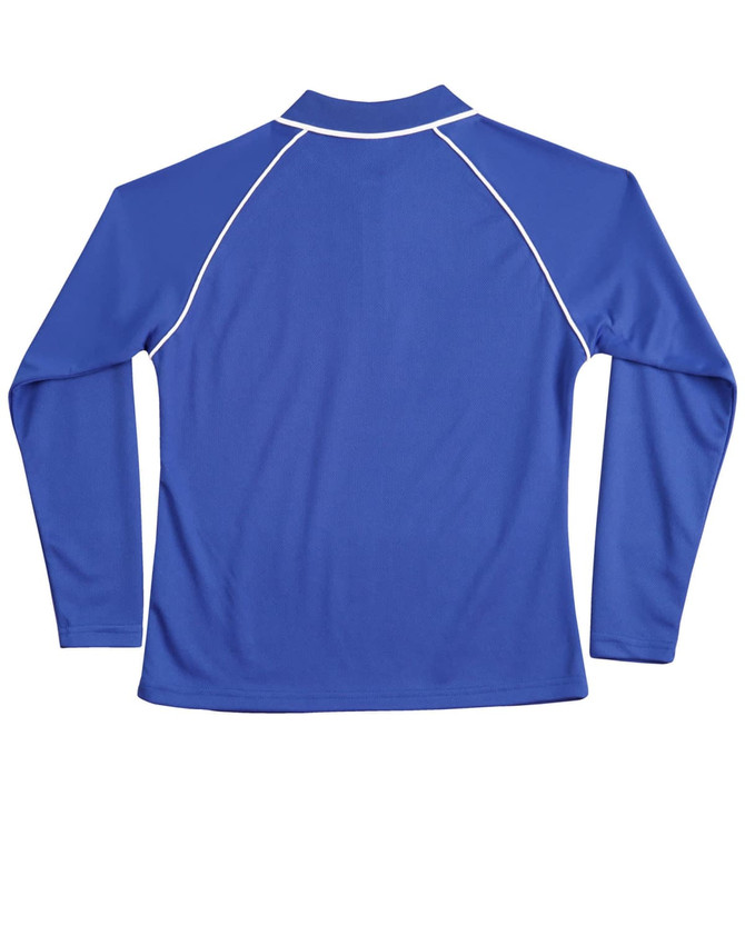 A blue long-sleeve polo shirt with a raglan design, featuring white piping and a logo.