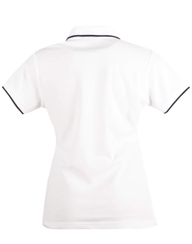 A white ladies' polo shirt featuring a contrasting collar and sleeve trim, with a logo on the chest.