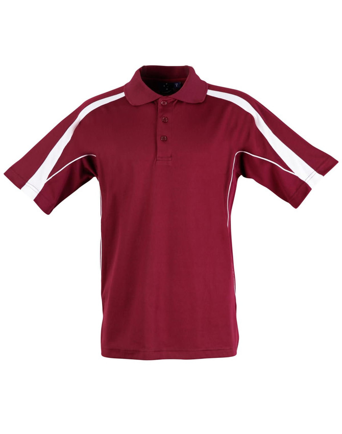 A maroon polo shirt with white side accents and a branded logo on the chest. Features a classic collar and short sleeves.