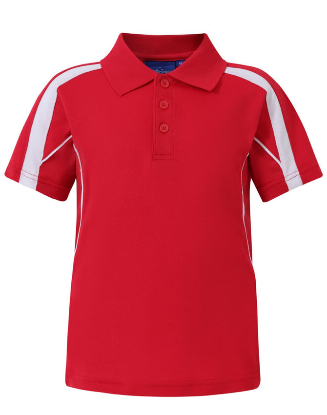 A red kids' polo shirt with white panel accents and a collar, featuring three buttons and a logo.