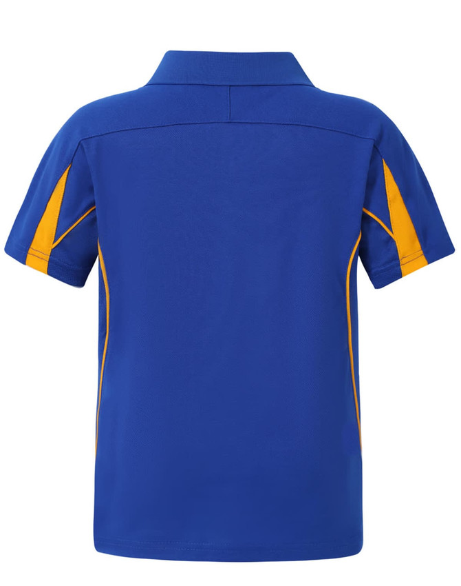 A blue polo shirt with yellow accents, featuring a collar and short sleeves, and a logo on the back.