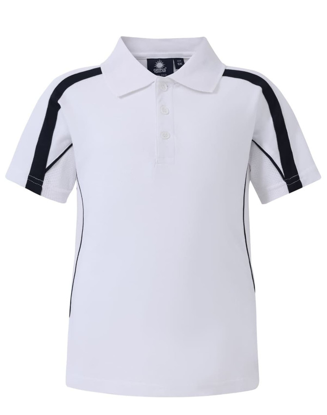 A white kids' polo shirt with navy accents and a logo on the chest. Short sleeves and a classic collar design.