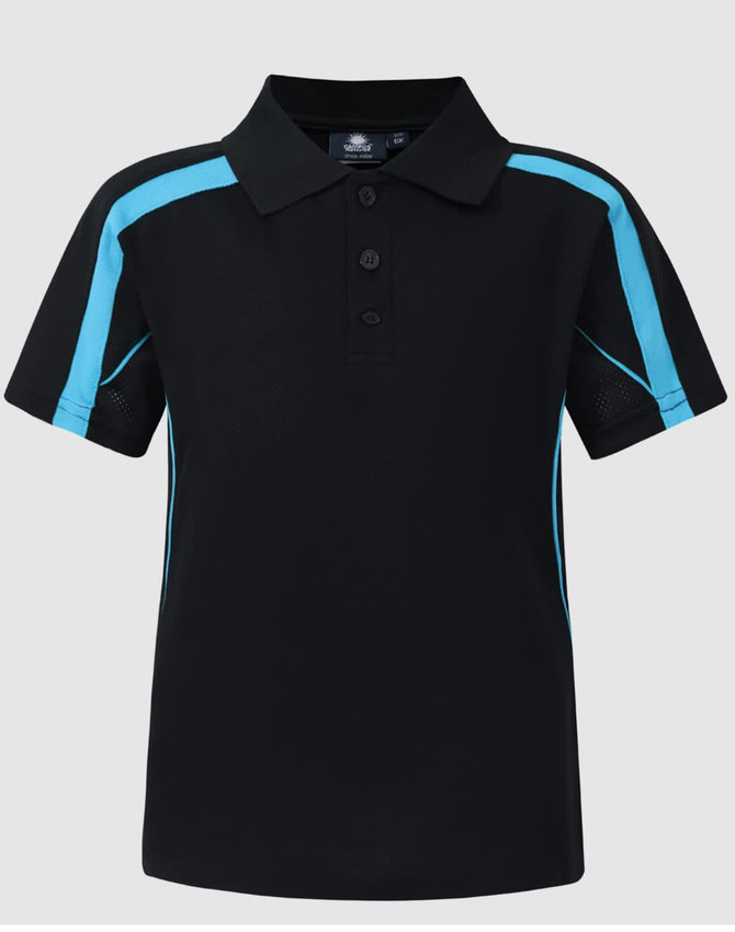 A black polo shirt with blue side stripes, featuring a collar and buttons, and a logo on the chest.