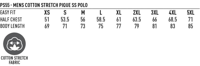 A white fabric featuring a sizing chart for men's cotton stretch polo shirts with measurements in centimetres.