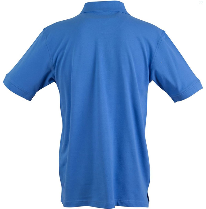 A blue men's polo shirt featuring a collar and short sleeves, with a logo on the back.