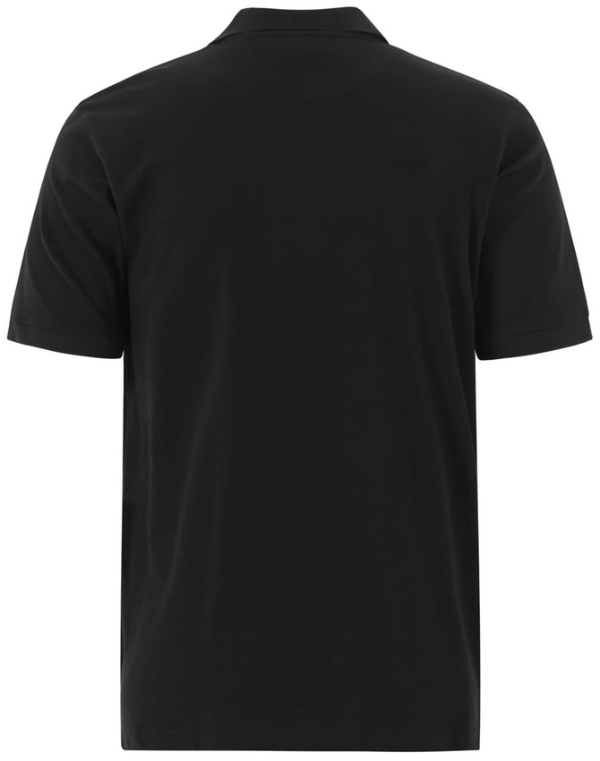 A black men's cotton stretch polo shirt featuring a short sleeve design and a collar. It has a logo on the back.