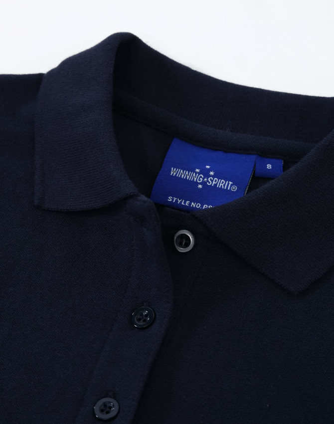 A navy ladies cotton stretch polo shirt featuring a classic collar and buttons, with a logo label inside.