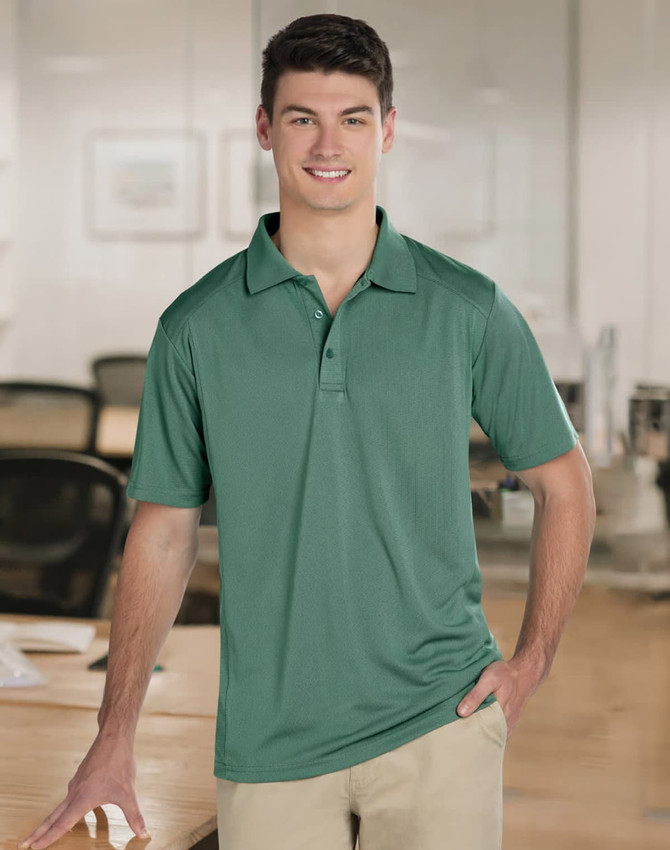 A green men's polo shirt featuring a classic design and a logo. Suitable for casual or semi-formal wear.