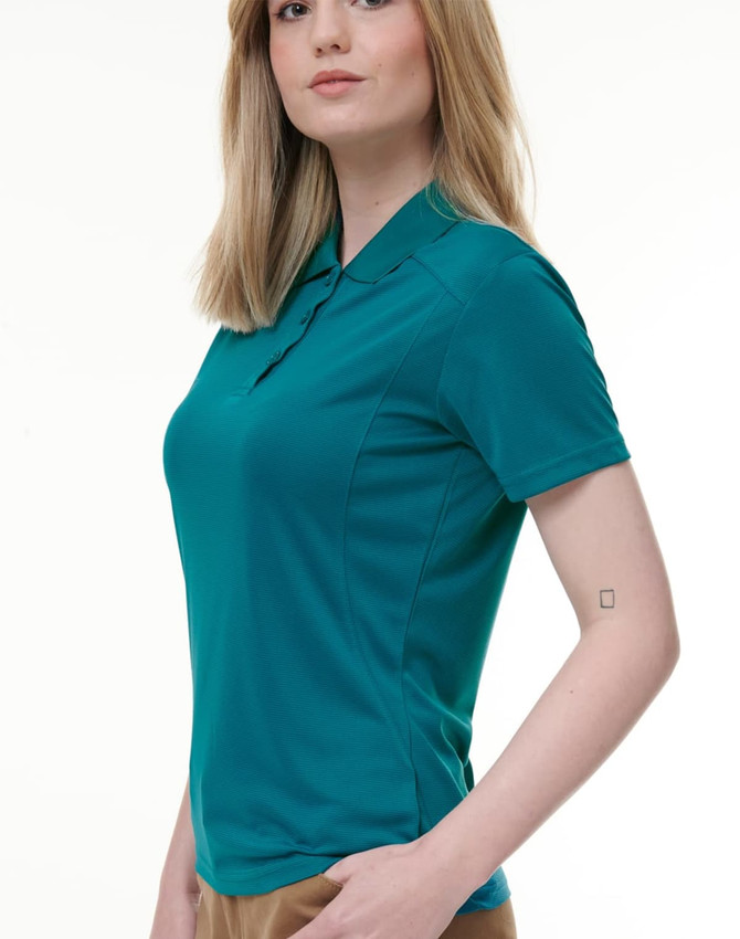 A teal ladies' polo shirt with a fitted design and short sleeves. It features a logo on the chest.
