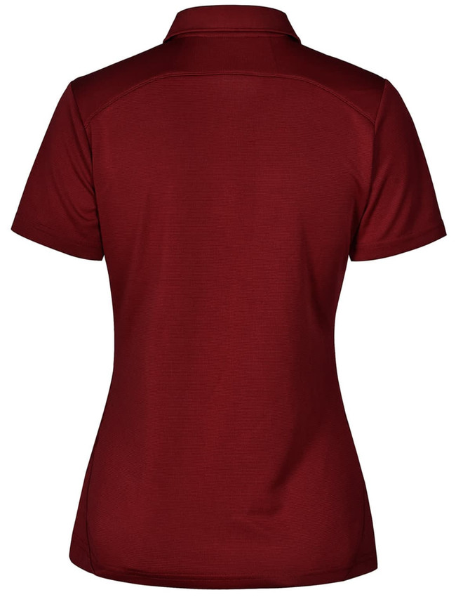 A maroon polo shirt with a collar and short sleeves, featuring a logo on the back.