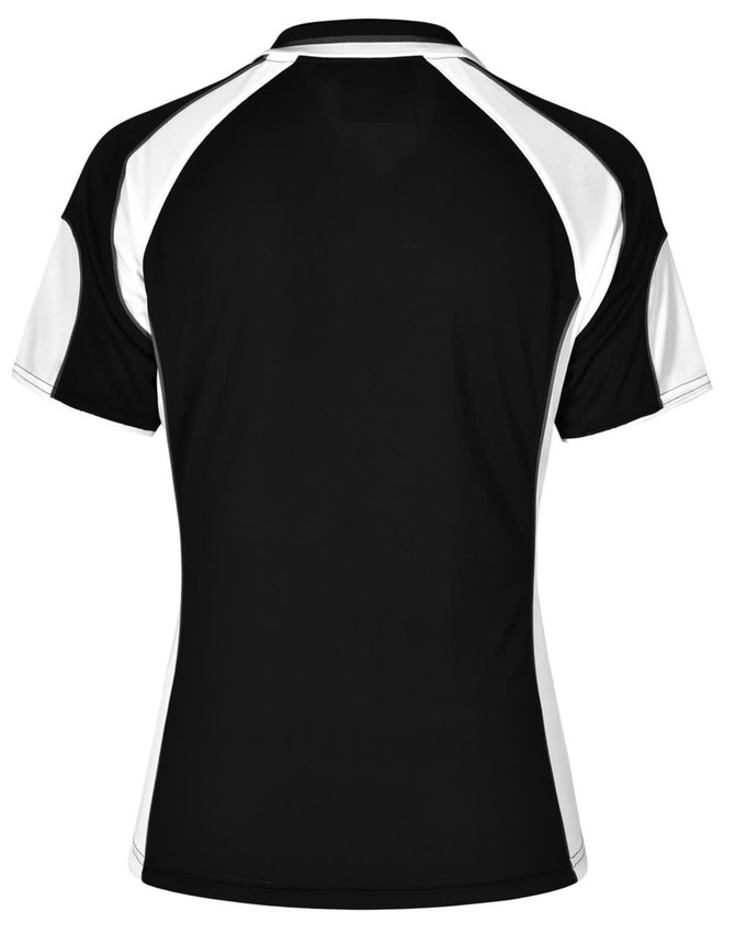A black and white polo shirt featuring a sporty design and a logo on the back.